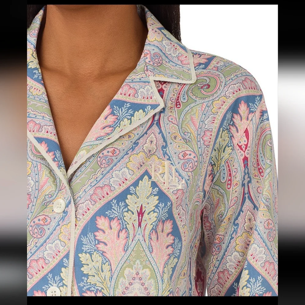 New  LAUREN  RALPH LAUREN  LONG SLEEVE  NOTCH  COLLAR  WOVEN  SATEEN  PAISLEY - Picture 9 of 11